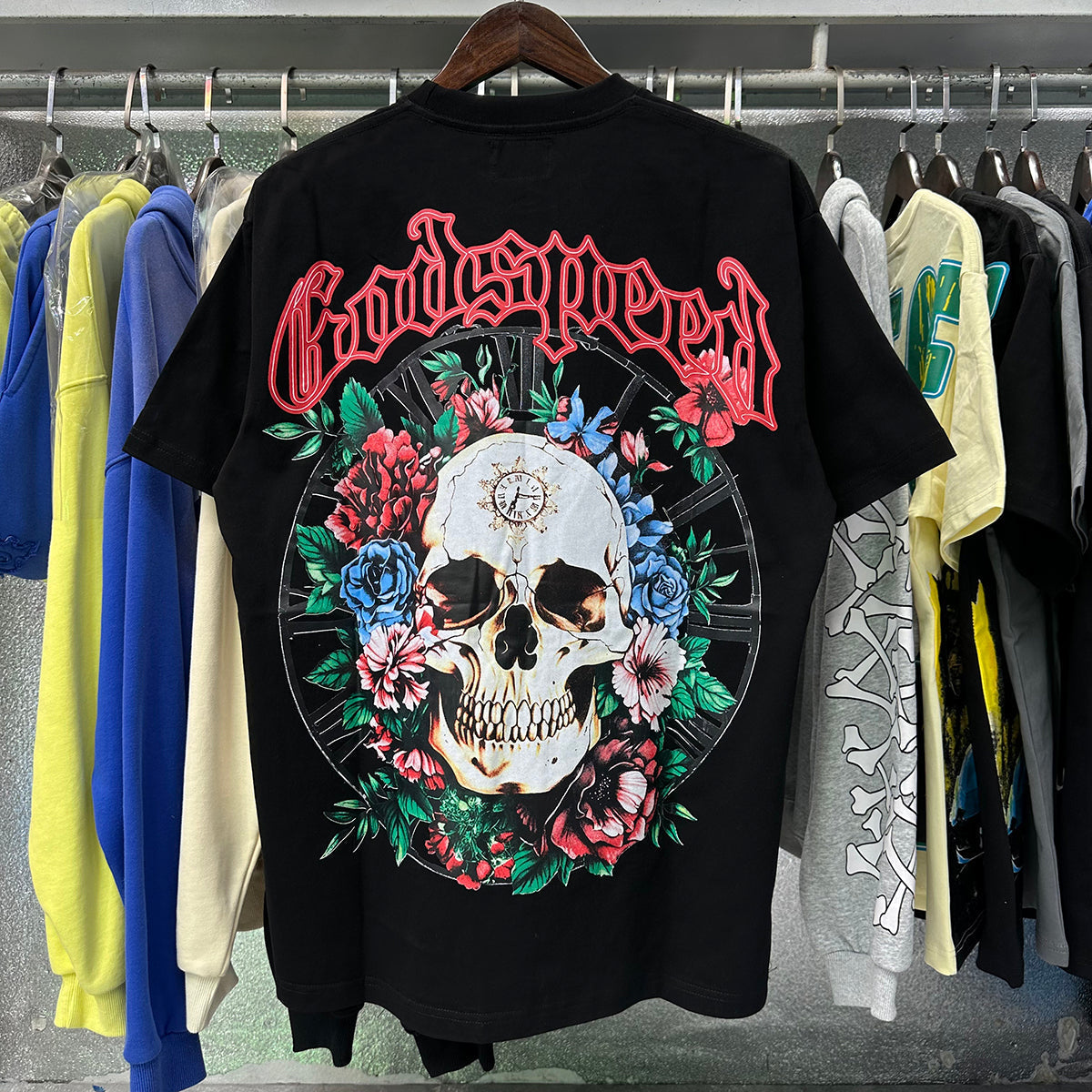 Godspeed T-shirts Skull Rose Clock Plate Double Yarn Cotton Casual Short Sleeve Men and Women