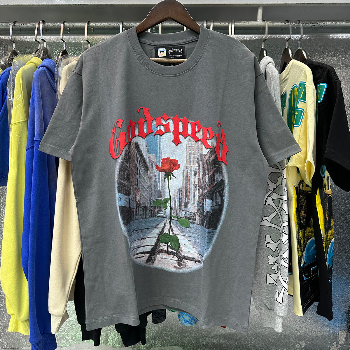 Godspeed T-shirts Street View Rose Print Cotton Casual Short Sleeve Men and Women