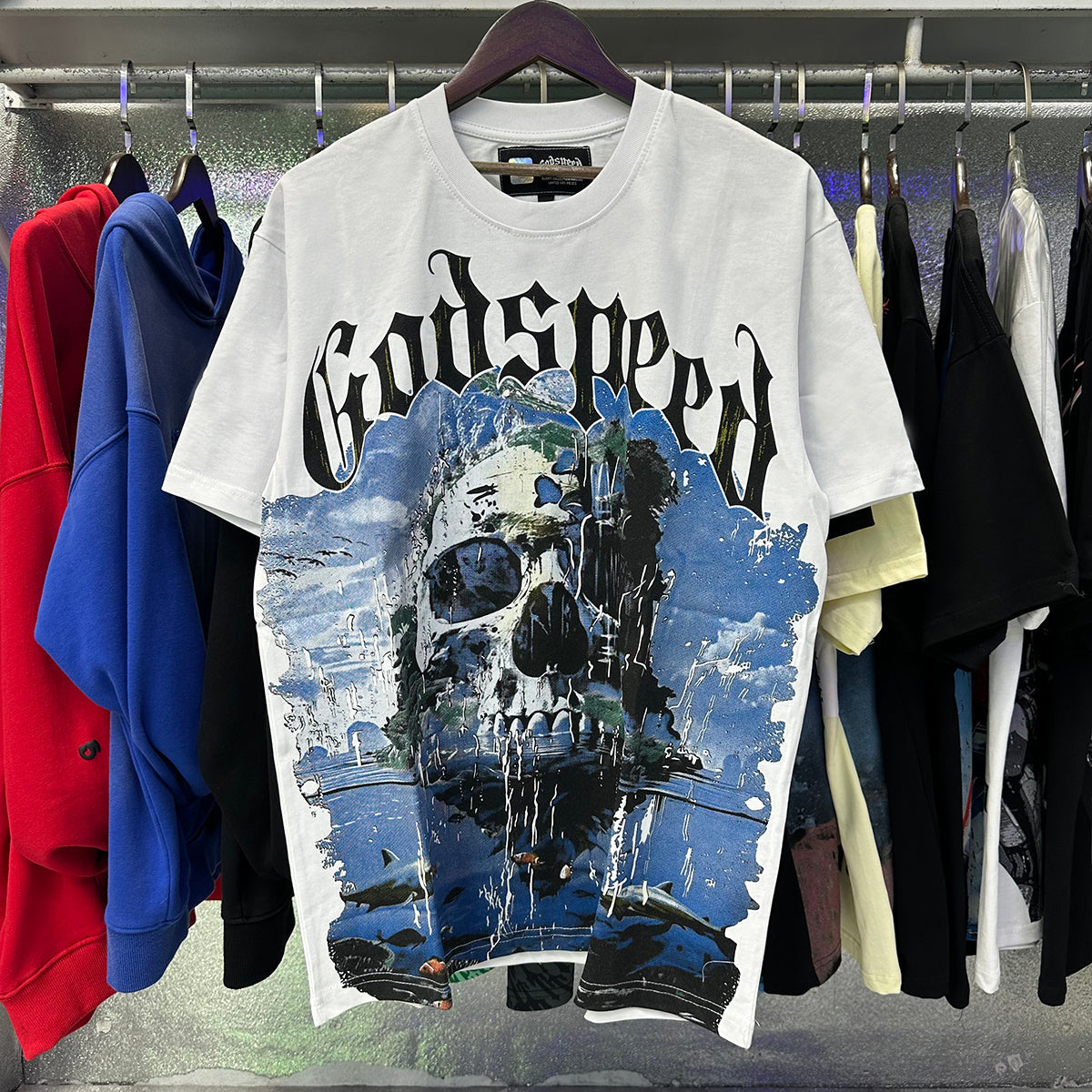 Godspeed T-shirts Skull Landscape Printing Cotton Casual Short Sleeves Men and Women