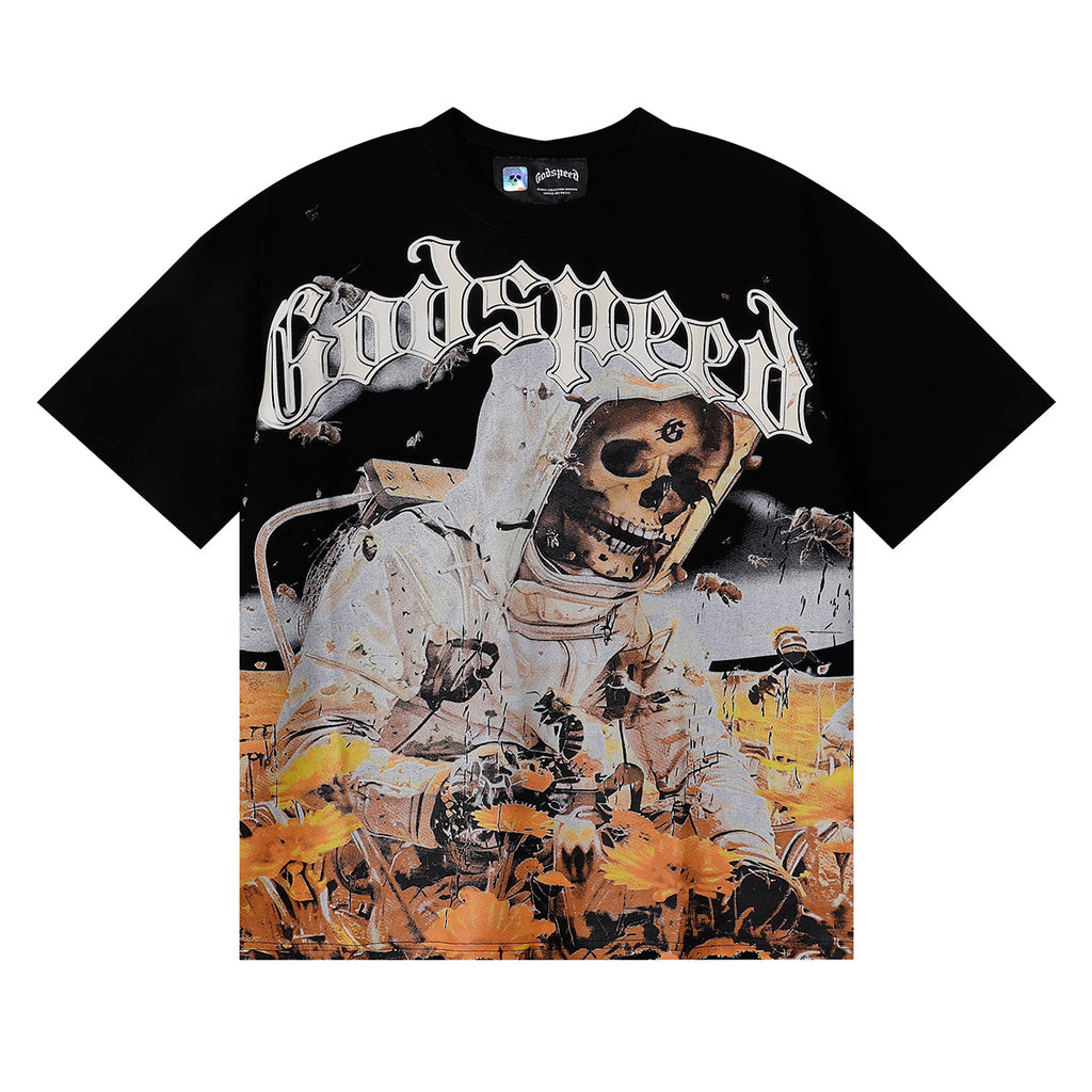 Godspeed T-shirts Skull Bee Sunflower Print Cotton Short Sleeve Men and Women