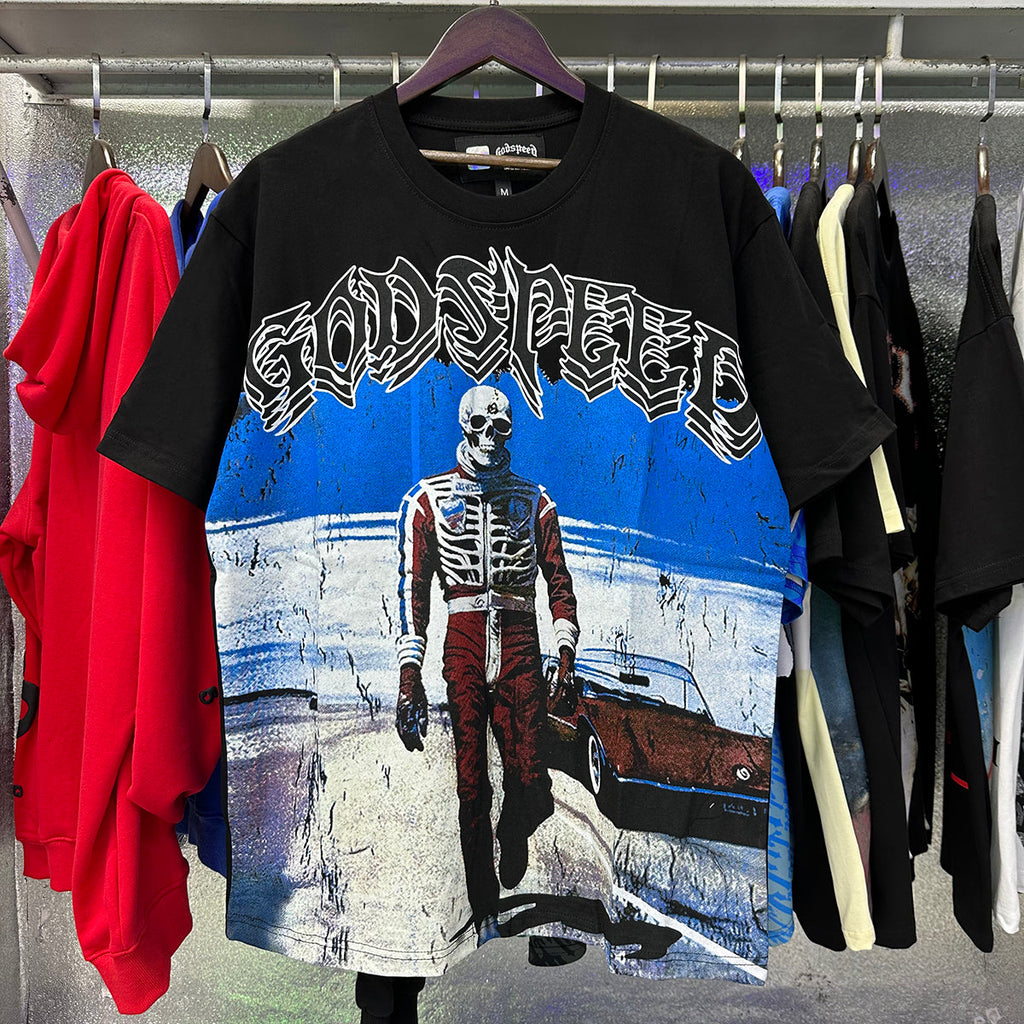 Godspeed T-shirts Sports Car Skull Racer Printed Cotton Casual Short Sleeve Men and Women