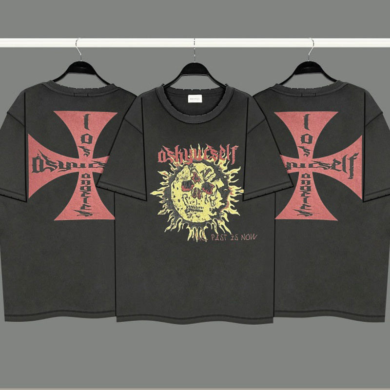 Askyurself T-shirts Printed Short Sleeve Distressed Loose T-shirt for Men