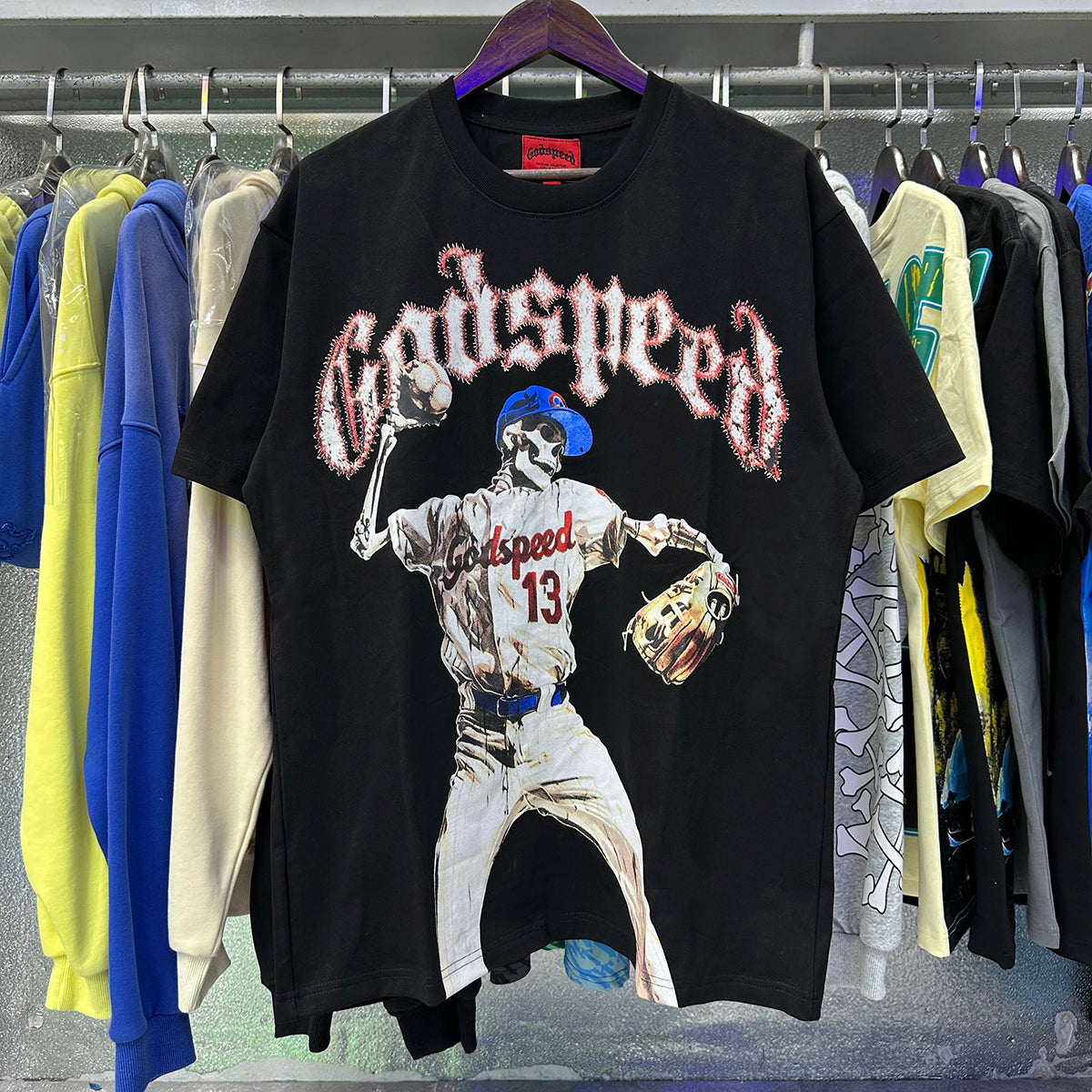 Godspeed T-shirts Skull Baseball Player No. 13 Cotton Crew Neck Short Sleeve Men and Women