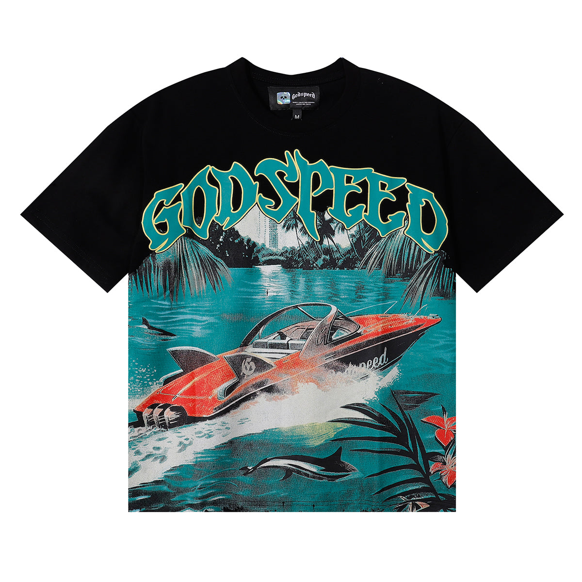 Godspeed T-shirts Speedboat Shark Print Cotton Crew Neck Short Sleeve Men and Women