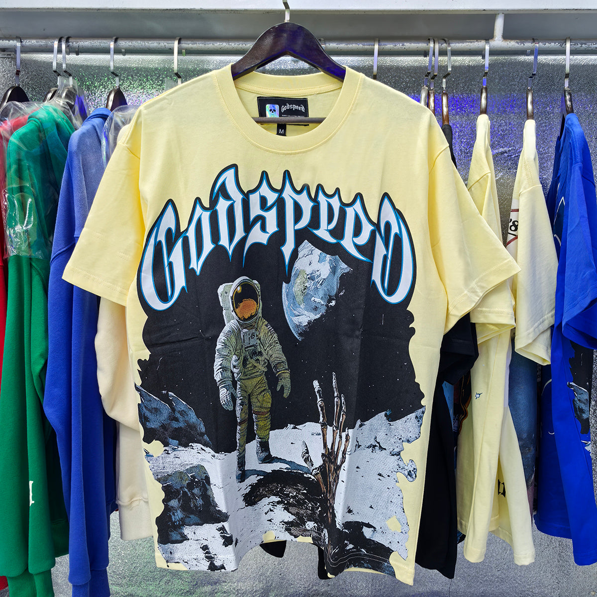 Godspeed T-shirts Astronaut Moon Landing Print Cotton Casual Short Sleeve Men and Women