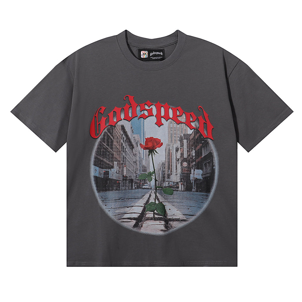 Godspeed T-shirts Street View Rose Print Cotton Casual Short Sleeve Men and Women