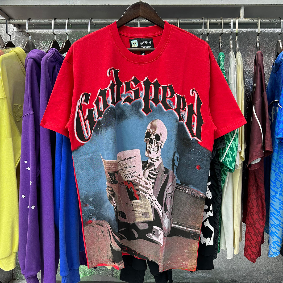 Godspeed T-shirts Newspaper Skull Printing Cotton Casual Short Sleeves Men and Women