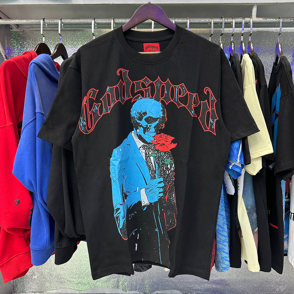 Godspeed T-shirts Skull Gentleman Rose Print Cotton Casual Short Sleeve Men and Women