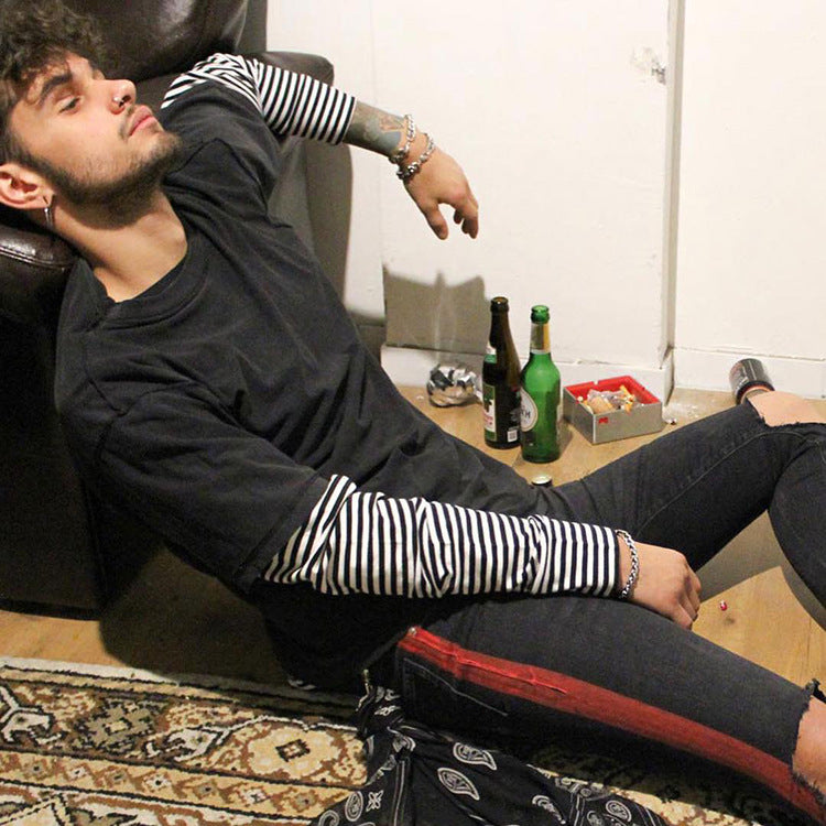 Askyurself T-shirts Striped Loose Long Sleeve T-shirt for Men and Women