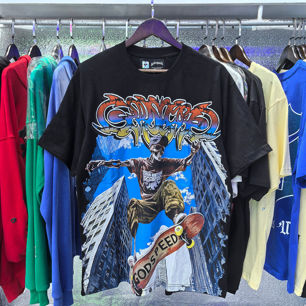 Godspeed T-shirts Urban Skateboard Skull Junior Print Cotton Casual Short Sleeve Men and Women