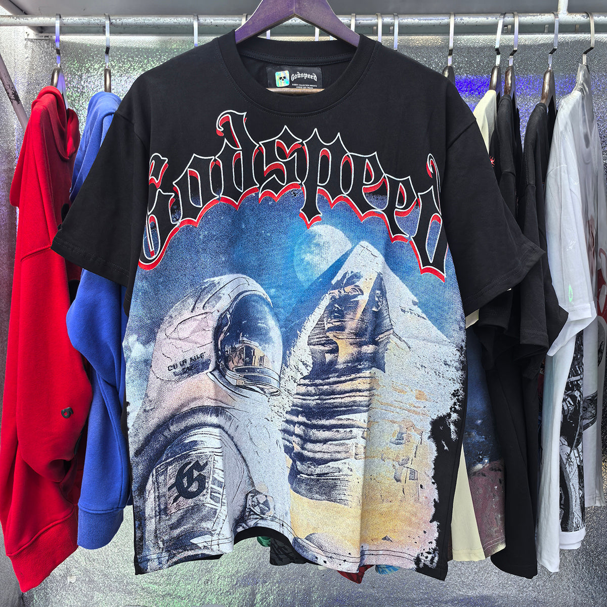 Godspeed T-shirts Spacesuit Pyramid Printing Cotton Casual Crew Neck Short Sleeve Men and Women