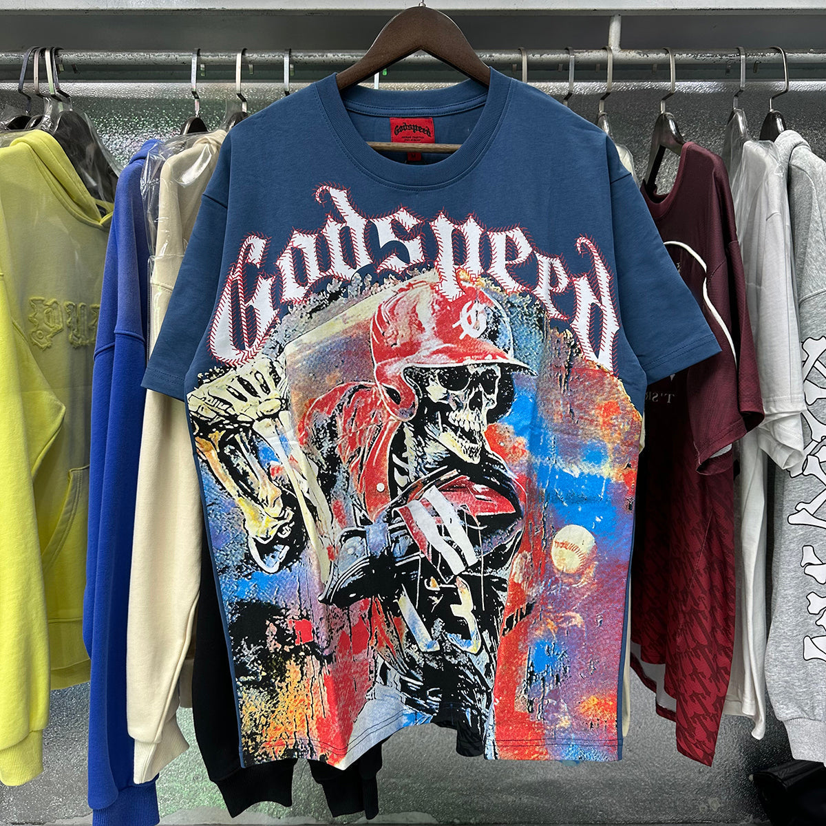 Godspeed T-shirts Skull Baseball Players Printed Cotton Casual Short Sleeves Men and Women