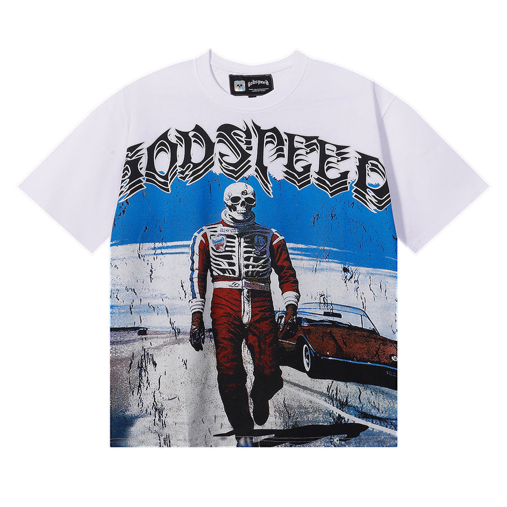 Godspeed T-shirts Sports Car Skull Racer Printed Cotton Casual Short Sleeve Men and Women